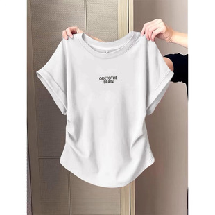 高级感白色正肩短袖T恤女纯棉修身体恤小个子打底衫夏天短款上衣