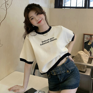 配高腰裤 2023年新款 t恤女春夏季 短款 ins潮 上衣设计感小众纯棉短袖