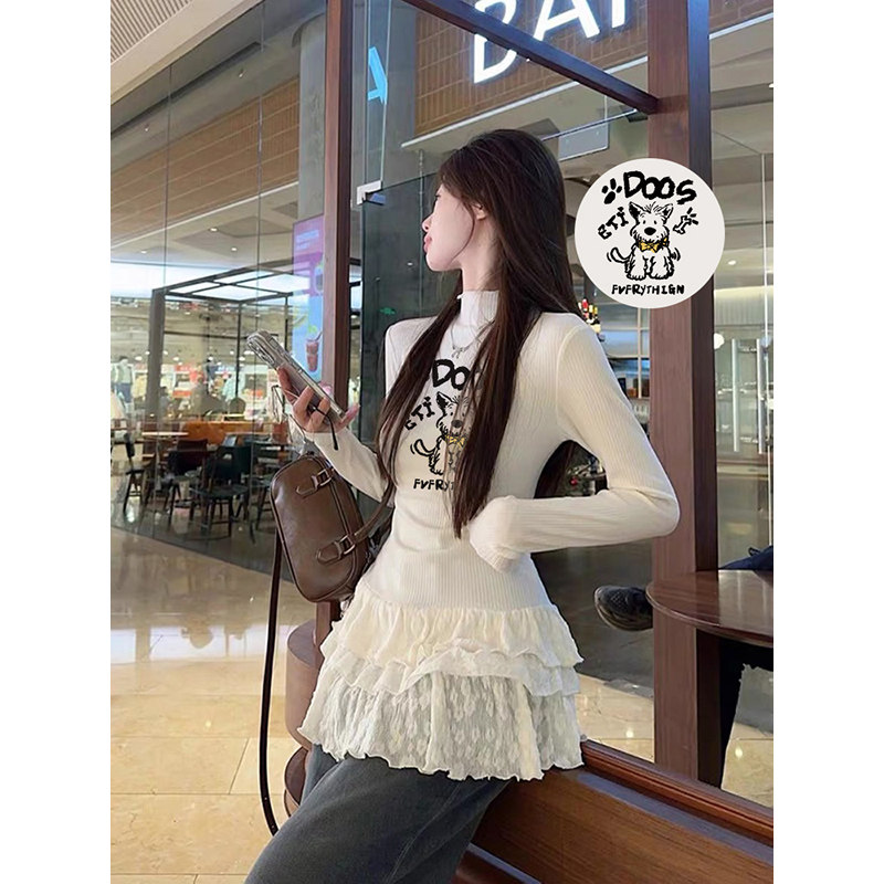中长款上衣女秋冬叠穿修身显瘦内搭白色蕾丝打底衫半高领长袖t恤