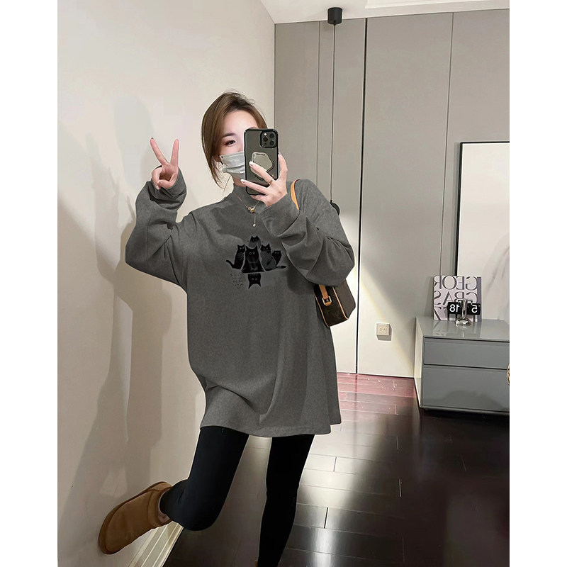 德绒打底衫女秋冬卫衣内搭宽松显瘦保暖上衣中长款半高领长袖t恤