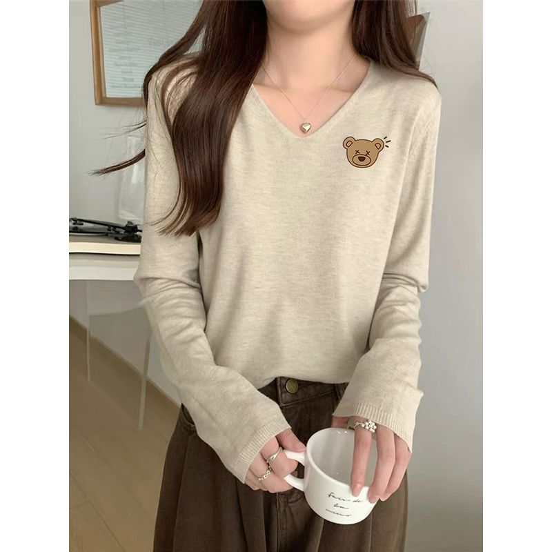 V领长袖女宽松纯棉T恤2025春秋冬