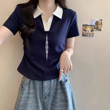 大码女装撞色减龄百搭正肩T恤女Polo领短袖打底衫辣妹短款上衣夏