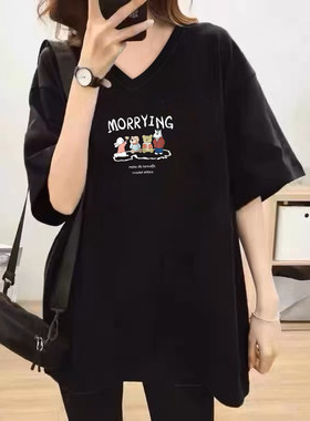 纯棉短袖大t恤女夏天V领宽松