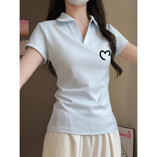 显瘦百搭短款 美式 百搭甜美修身 正肩polo领短袖 上衣 T恤女夏天时尚