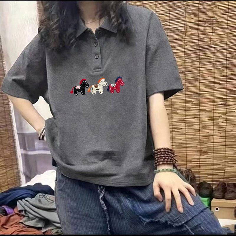 oversize正肩Polo领短袖T恤女夏百搭宽松半袖上衣胖mm遮肉打底衫