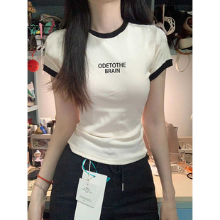高级感白色短款上衣女夏纯棉短袖T恤撞色减龄高腰体恤修身打底衫