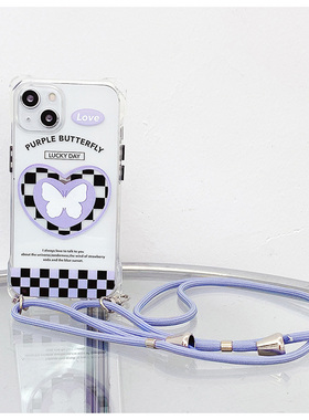 ins风紫色棋盘爱心苹果14promax挂绳12手机壳适用iPhone13斜挎挂绳可替换全包四角开孔挂脖防摔小众保护壳