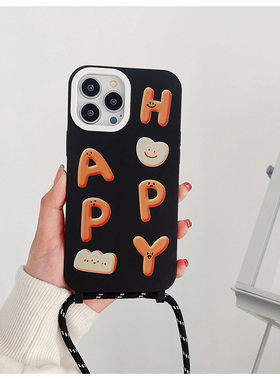 ins风橙色字母笑脸苹果14promax挂绳手机壳适用iPhone13多角开孔斜挎挂绳可替换12pro挂脖防摔全包小众保护壳