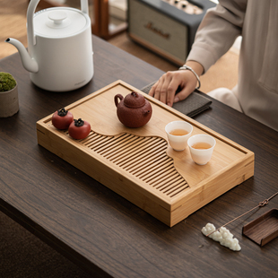 小型新中式 茶盘家用储水式 竹制干泡盘轻奢现代简约长方形茶海托盘