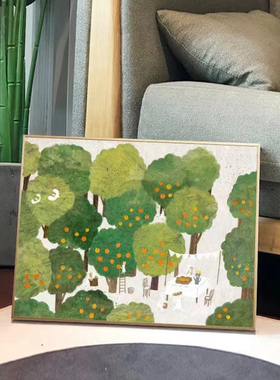 温馨治愈系客厅横版装饰画兔子橘子树儿童房卧室挂画斗柜桌面摆画