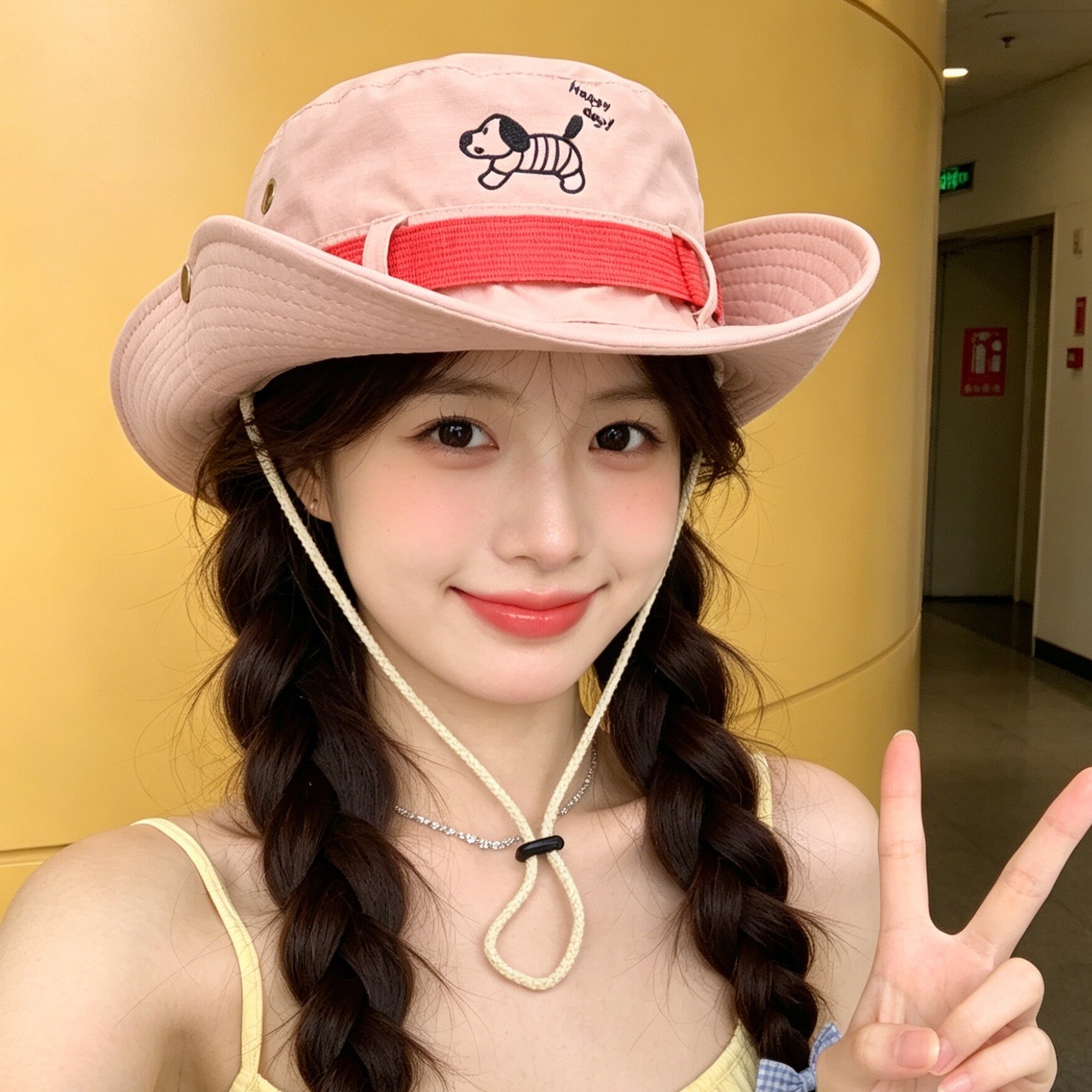 日系可爱腊肠狗卡通粉色登山渔夫帽子女夏户外露营徒步遮阳防晒帽