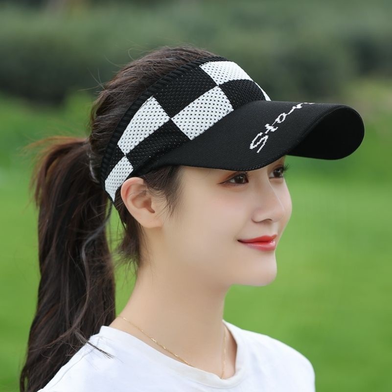新款格子空顶帽女士夏季遮阳防晒帽子针织旅游太阳帽户外运动帽潮