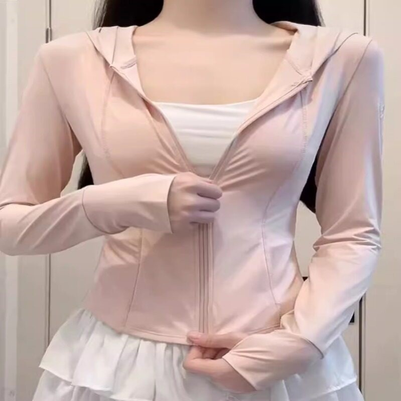 粉色冰丝防晒衣女款夏季薄款户外休闲防晒服修身紧身短款外套上衣图片