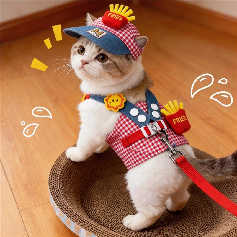 猫咪牵引绳薯条胸背带遮阳帽卖萌套装布偶金渐层背心式外出防挣脱
