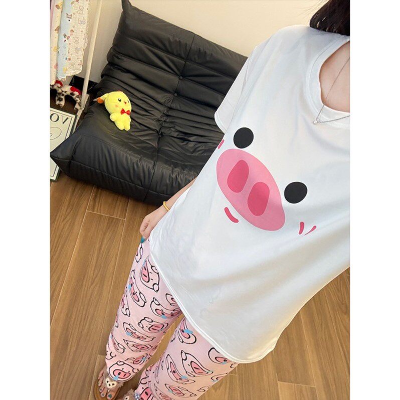 可爱鼻涕猪睡衣套装女夏天新款二次元萌妹宽松短袖长裤家居服外穿
