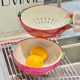 家用洗菜盆厨房水果盘滤水淘洗菜篮子 多巴胺双层沥水篮新款