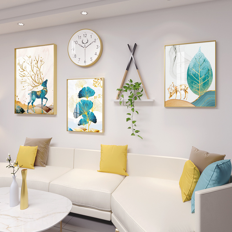 新中式客厅框沙发墙面装饰画置物架组合发财鹿挂画卧室画框饰品图片