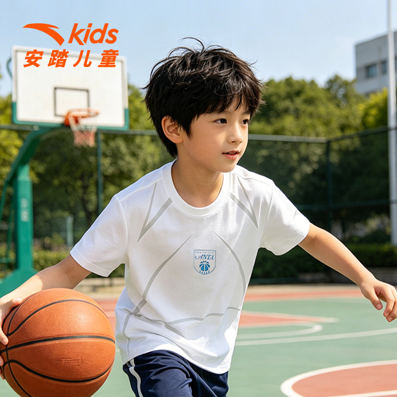 篮球系列安踏儿童T恤男大童白色短袖衫2026夏新款凉感圆领宽松短t