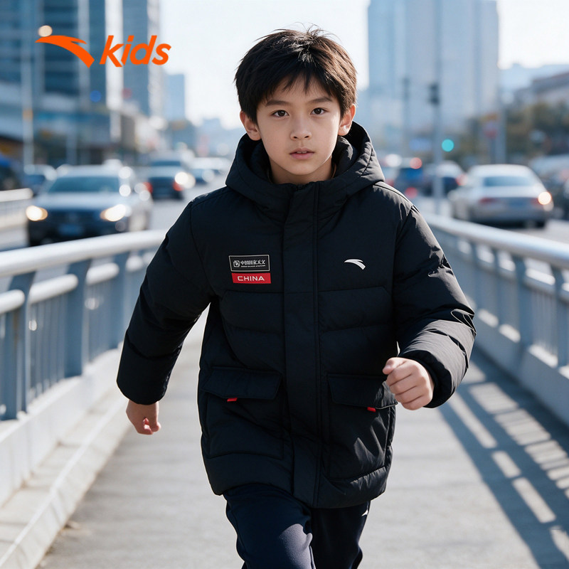 安踏儿童男大童羽绒服冬季加厚连帽国潮外套男孩户外运动保暖鸭绒