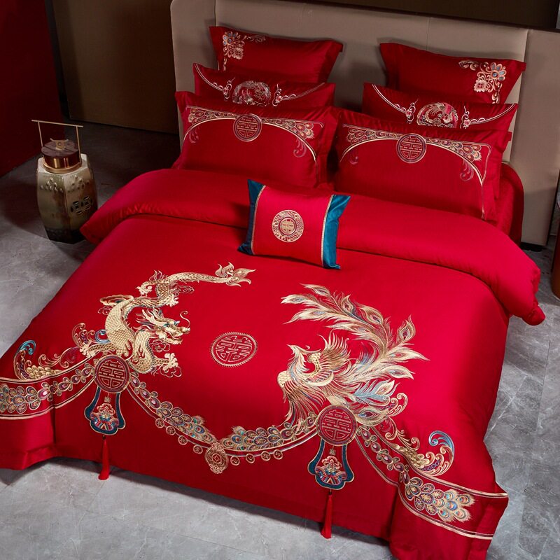 婚庆四件套2024高端双股长绒棉提花款大红四件套婚庆套件