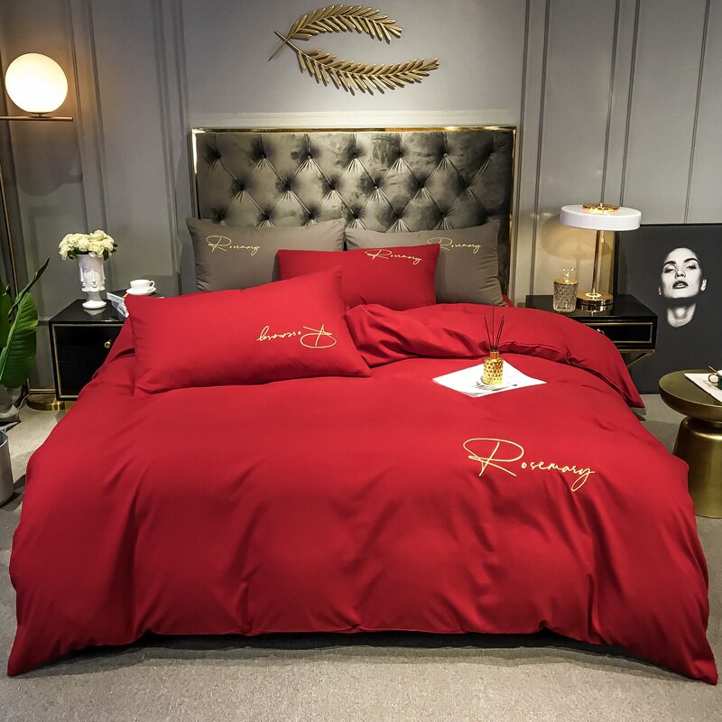 轻奢风纯色床单四件套床上三件套简约红色结婚被套4件套床上用品