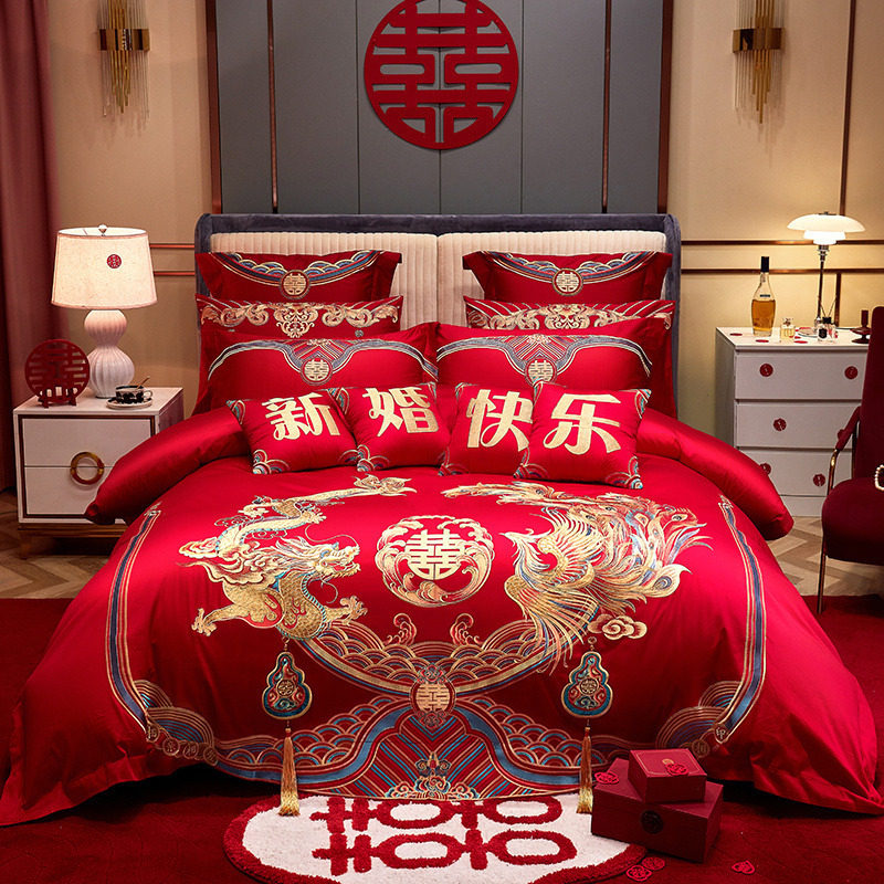 60S长绒棉高端婚庆四件套全棉纯棉龙凤刺绣大红色婚房结婚六件套