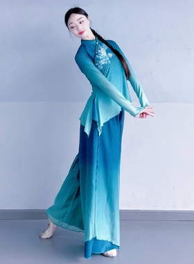 良宵剧目伞舞古典舞秧歌舞烫钻青蓝纱衣艺考练功舞台演出舞蹈套装