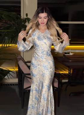 Arab Women Dresses 阿拉伯马来迪拜沙特缎面碎花仙女长袍连衣裙