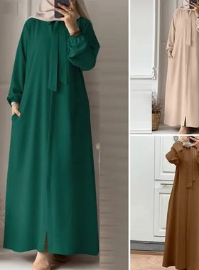 阿拉伯迪拜沙特全扣纯色飘带长裙长袍女Arab women shirt dresses