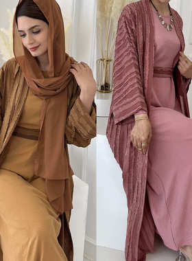 纯色条纹开衫民族穆斯女纯色内搭women musli dress robee long