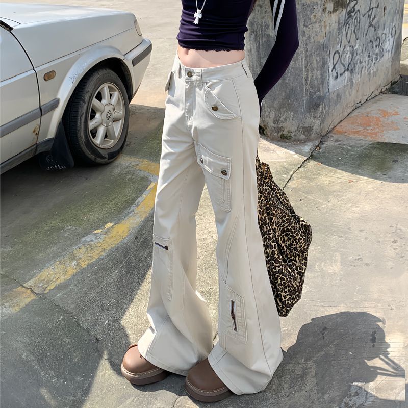春秋不贴腿喇叭裤牛仔工装裤女款小个子酷飒风宽松直筒微喇裤秋冬