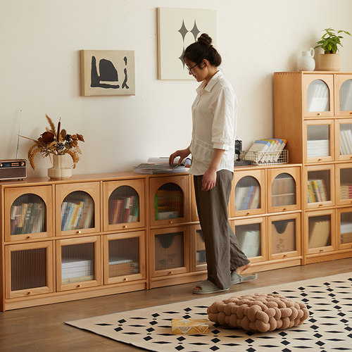 实木矮柜带门书柜客厅储物柜上翻盖推拉门书柜家用柜组合柜榉木