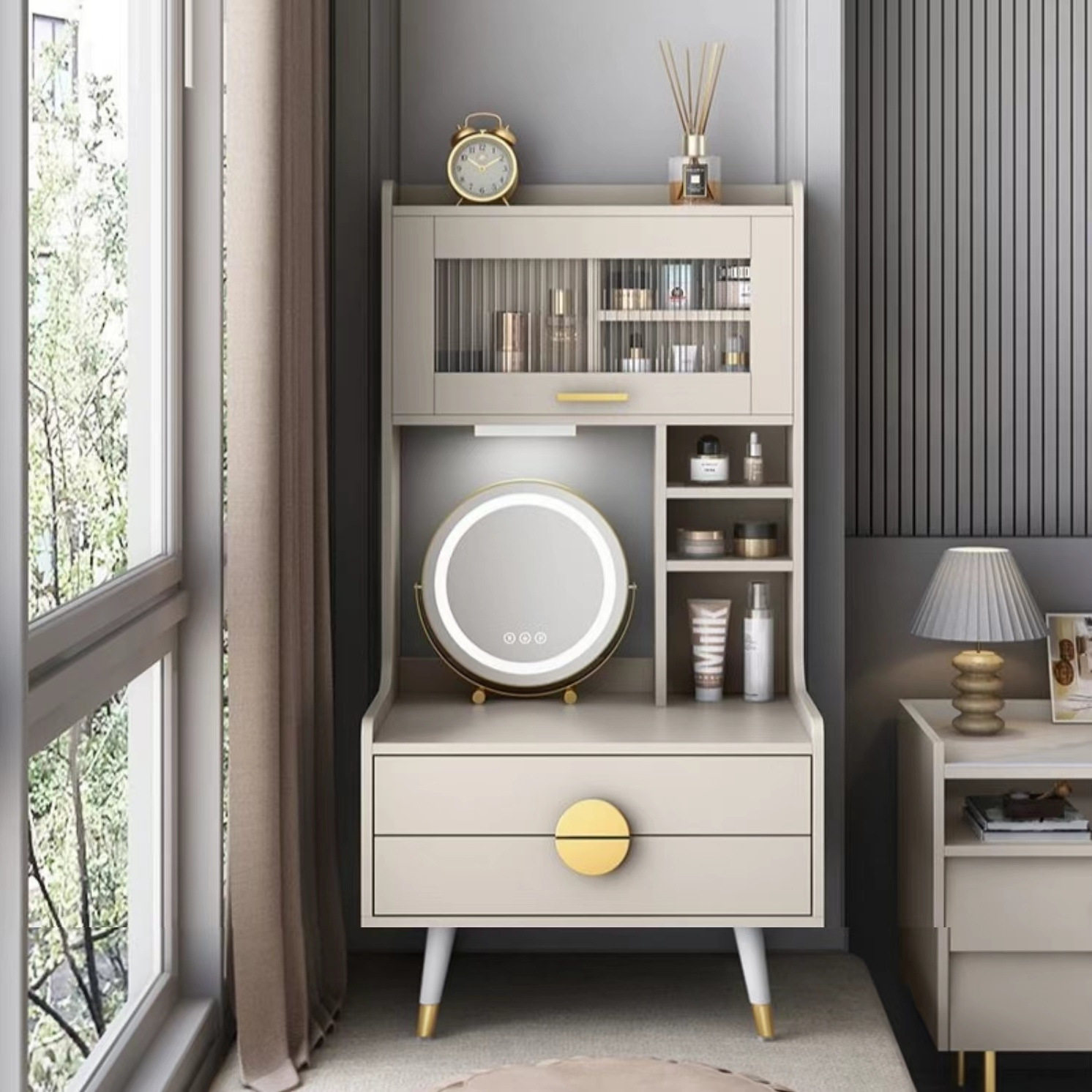轻奢飘窗梳妆台储物妆台简约小户型网红收纳化妆桌一体卧室柜台