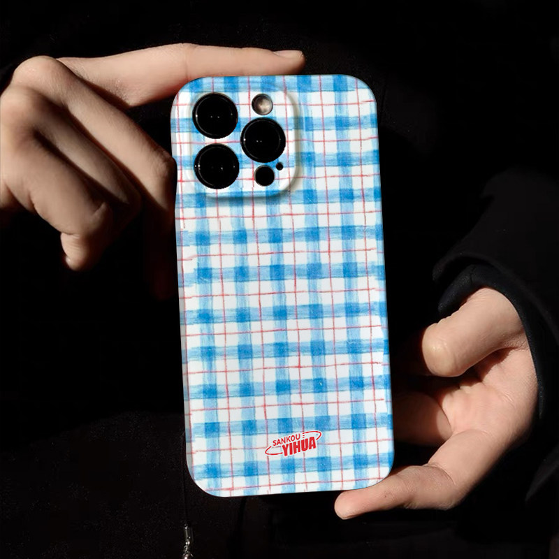 ins风【蓝色格子】适用苹果14promax手机壳新款iPhone14pro清新小米14华为mate60Pro高级荣耀90个性一加保护