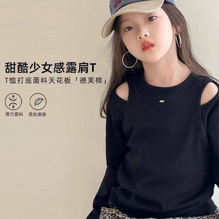 女童洋气时髦露肩长袖t恤图片