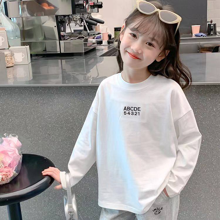 女童白色纯棉打底衫春秋款中大儿童洋气圆领宽松秋冬加绒长袖t恤