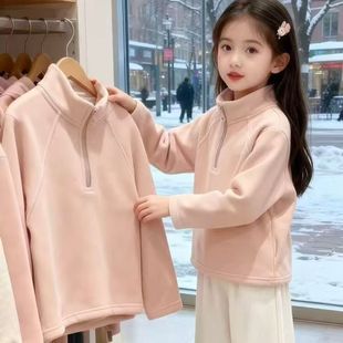 女童加绒加厚卫衣洋气女宝半高领休闲百搭秋冬季德绒保暖显瘦上衣