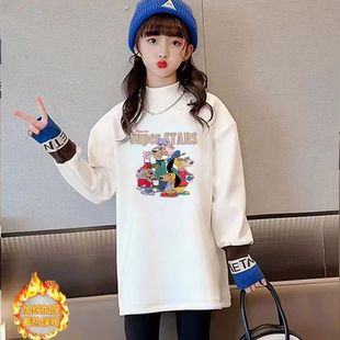 女童加绒t恤秋冬款中大儿童洋气卡通中长款卫衣宽松百搭打底衫潮