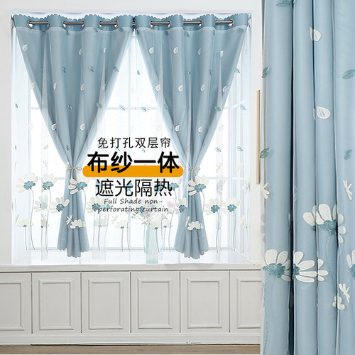 免打孔全遮光纱帘一体飘窗窗帘
