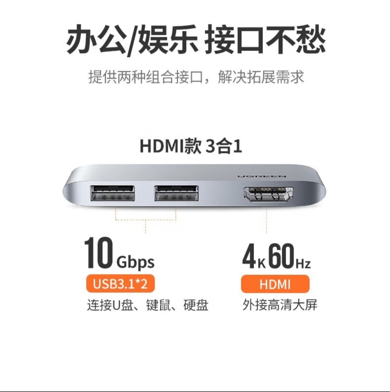 二手绿联Hub/Type-C扩展坞双C转HDMI+USB3.1雷电3苹果笔记本专用