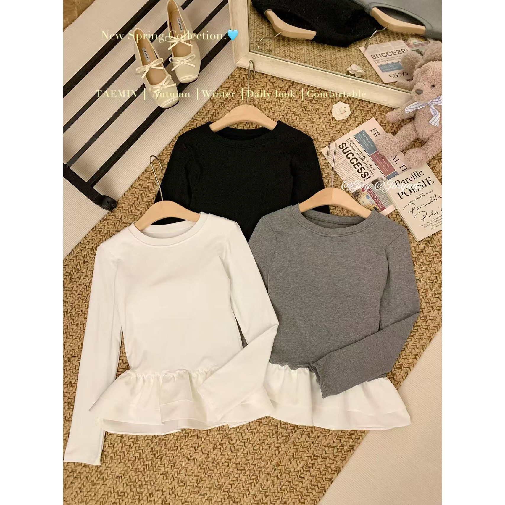 5571#带胸垫 芭蕾风下摆荷叶边拼接长袖t恤女外穿打底衫修身上衣