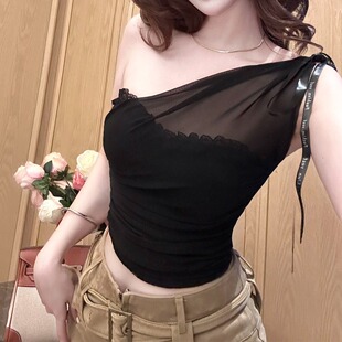 美背上衣 显瘦无袖 带胸垫纯欲性感斜肩吊带背心女网纱蕾丝时尚 修身