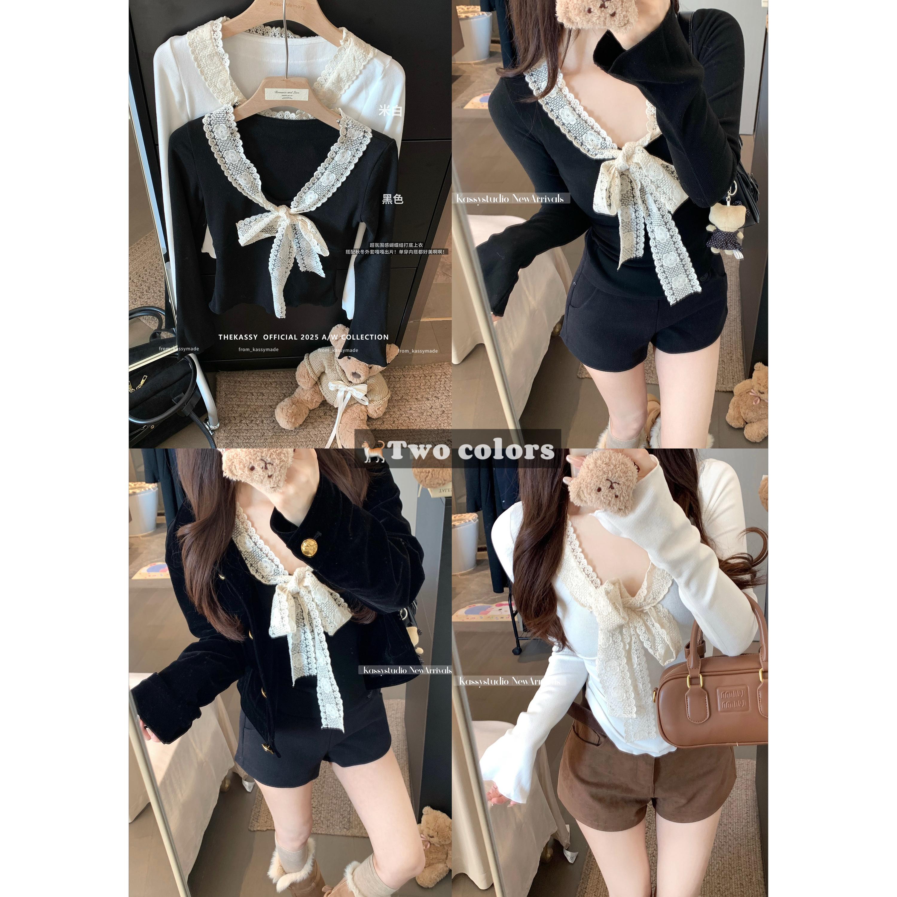 实价实拍少女心结法式v领针织衫女冬蝴蝶结修身长袖内搭打底衫