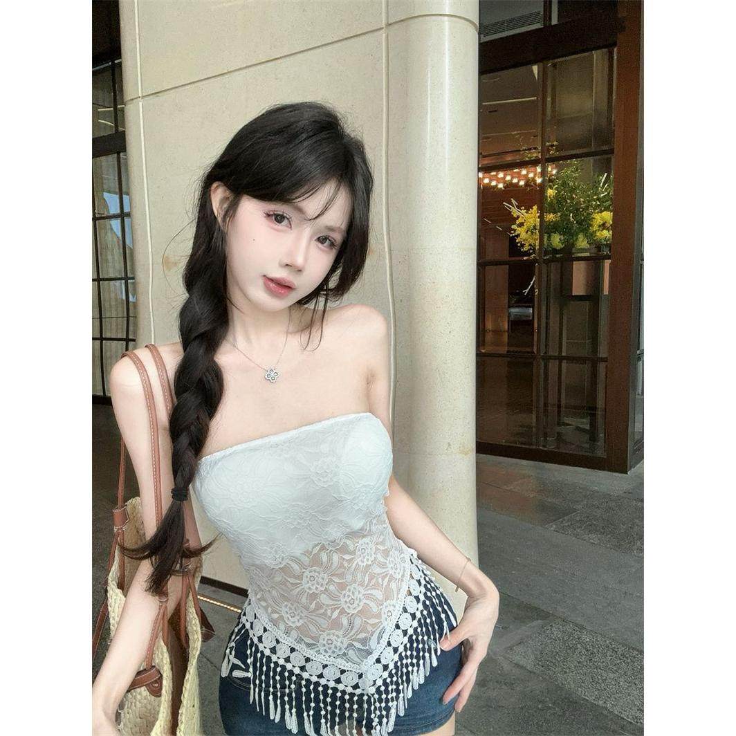 带胸垫防滑带不规则流苏蕾丝无肩带纯欲辣妹抹胸背心女一字肩上衣,女装/女士精品,背心吊带,淘宝优惠券,粉丝福利购,淘宝优惠卷