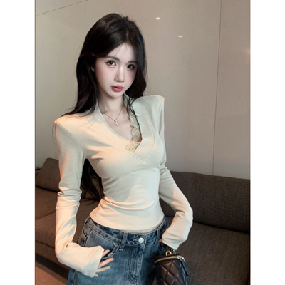 性感辣妹v领蕾丝花边黑色长袖t恤