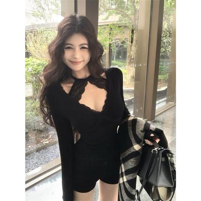 蕾丝拼接v领挂脖长袖T恤女秋冬