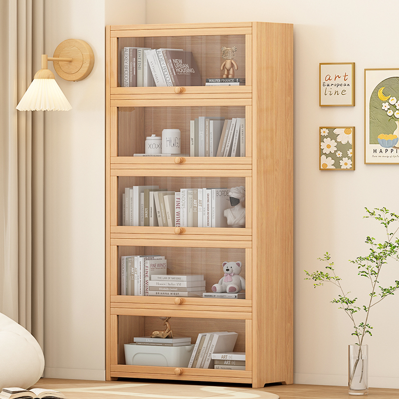 书架落地置物架实木书柜储物柜一体靠墙学生家用多层防尘展示柜子