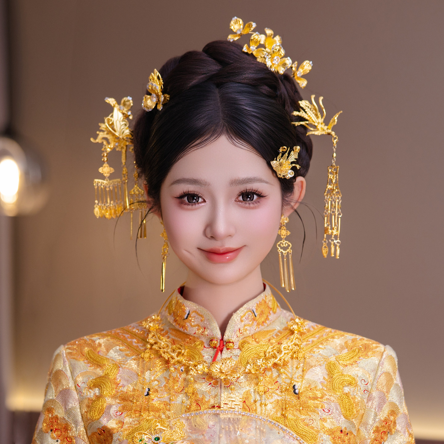 中式复古新娘秀禾服头饰套装结婚婚礼龙凤褂金色发饰发簪皇冠配饰