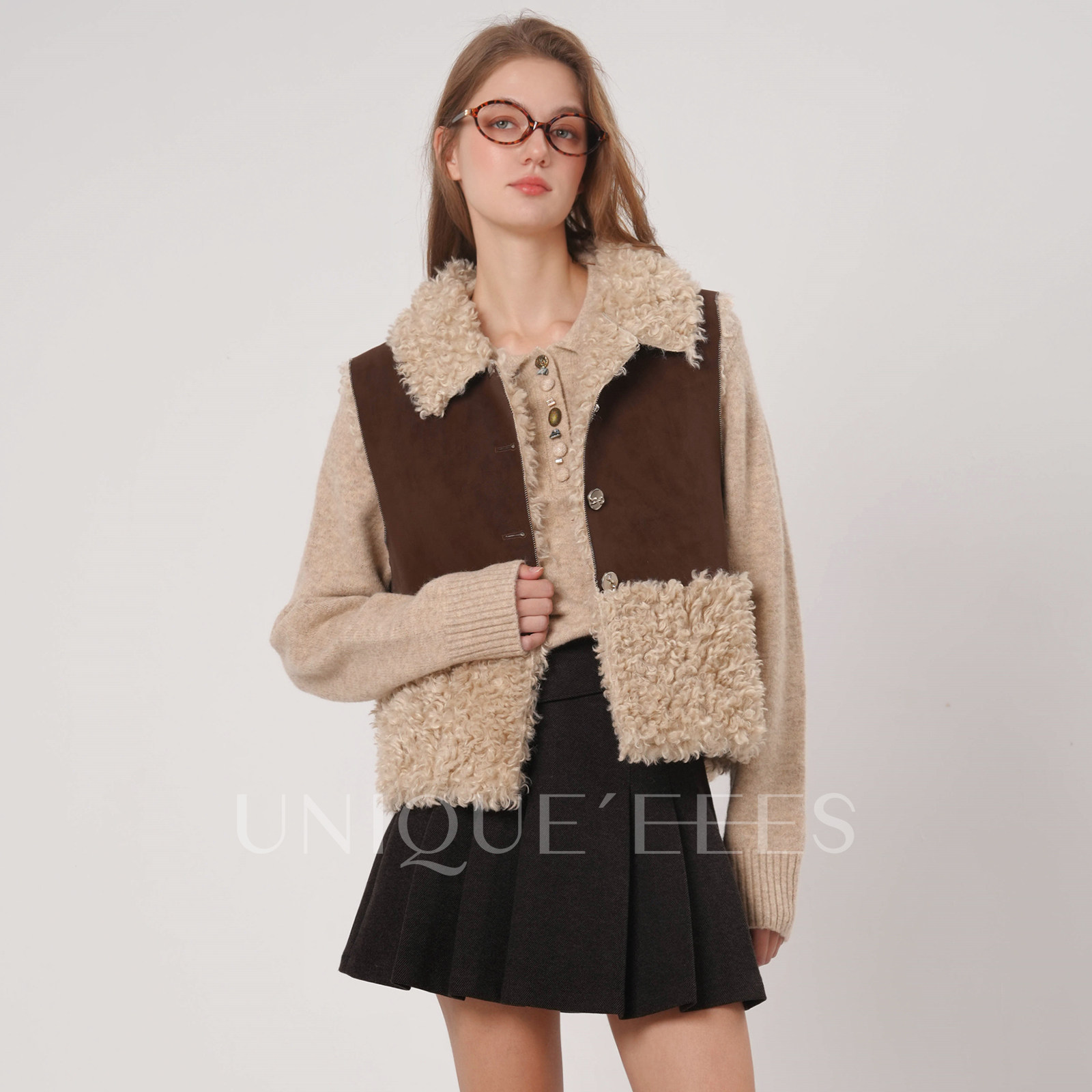 尢壹/UNIQUE'EEES【巧克力蛋糕】韩系拼接毛毛马甲U5507001