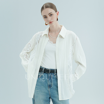 【参加】尢壹重工收腰显瘦蕾丝拼接皱感机理衬衫U5110011